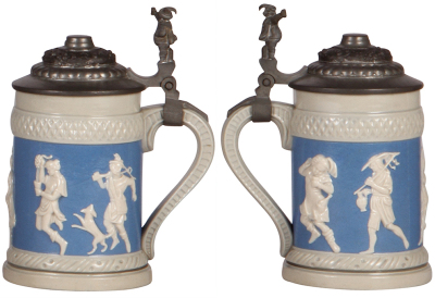 Three Mettlach steins, .5L, 2942, relief, inlaid lid, mint; with, .5L, 1370, by Hein, inlaid lid, mint; with, .25L, 171, relief, original pewter lid, base chip in rear. - 4