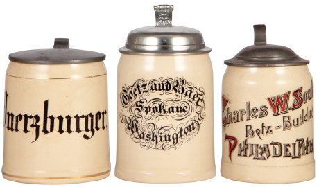 Three steins, two Mettlach, .5L, 1526, hand-painted, Wuerzburger, pewter lid, thumblift missing; with, .4L, 2412, PUG, Goetz and Baer Spokane Washington, pewter lid, mint; .3L, pottery, transfer & hand-painted, Charles W. Soulas, pewter lid, mint.