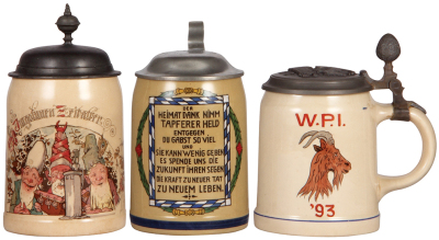 Three Mettlach steins, .5L, 673 [1909], PUG, pewter lid, browning; with, .5L, 1526, transfer & hand-painted, verse, pewter lid: Schützenverein inscription, mint; with, .5L, 1526, hand-painted, W.P.I. 1893, marked L. Cooley Boston, pewter lid, mint.