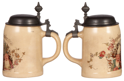 Three Mettlach steins, .5L, 673 [1909], PUG, pewter lid, browning; with, .5L, 1526, transfer & hand-painted, verse, pewter lid: Schützenverein inscription, mint; with, .5L, 1526, hand-painted, W.P.I. 1893, marked L. Cooley Boston, pewter lid, mint. - 2