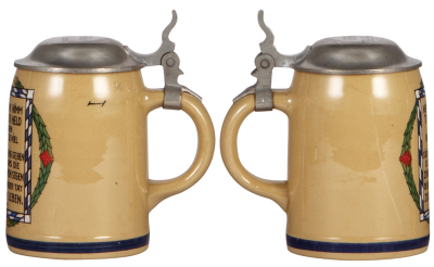 Three Mettlach steins, .5L, 673 [1909], PUG, pewter lid, browning; with, .5L, 1526, transfer & hand-painted, verse, pewter lid: Schützenverein inscription, mint; with, .5L, 1526, hand-painted, W.P.I. 1893, marked L. Cooley Boston, pewter lid, mint. - 3