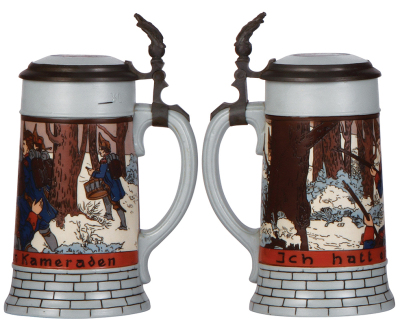 Two Mettlach steins, .5L, 2833E & 2833F, etched, inlaid lids, mint. - 2