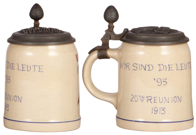 Three Mettlach steins, .5L, 673 [1909], PUG, pewter lid, browning; with, .5L, 1526, transfer & hand-painted, verse, pewter lid: Schützenverein inscription, mint; with, .5L, 1526, hand-painted, W.P.I. 1893, marked L. Cooley Boston, pewter lid, mint. - 4