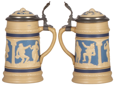 Three Mettlach steins, .3L, 2246, relief, inlaid lid, mint; with, .5L, 1180, relief, inlaid lid, mint; with, .25L, 1745, relief, inlaid lid, mint. - 2