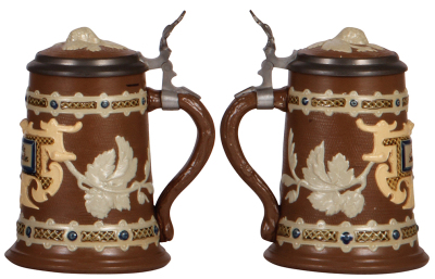 Three Mettlach steins, .3L, 2246, relief, inlaid lid, mint; with, .5L, 1180, relief, inlaid lid, mint; with, .25L, 1745, relief, inlaid lid, mint. - 4