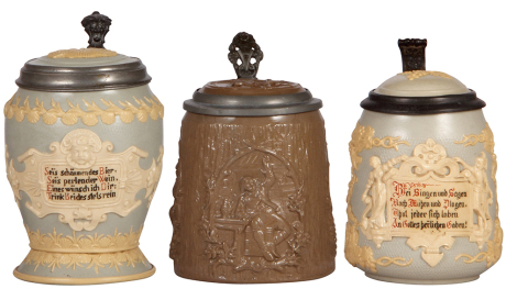 Three Mettlach steins, .5L, 1727, relief, inlaid lid, handle break with chips; with, .5L, 1037, relief, inlaid lid, mint; with, .5L, 1370, relief, by Hein, inlaid lid, mint.