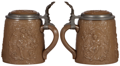 Three Mettlach steins, .5L, 1727, relief, inlaid lid, handle break with chips; with, .5L, 1037, relief, inlaid lid, mint; with, .5L, 1370, relief, by Hein, inlaid lid, mint. - 3