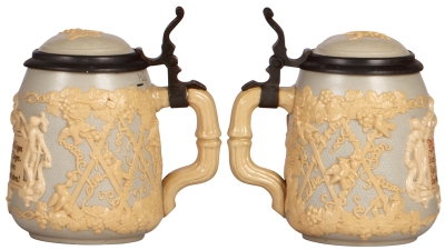 Three Mettlach steins, .5L, 1727, relief, inlaid lid, handle break with chips; with, .5L, 1037, relief, inlaid lid, mint; with, .5L, 1370, relief, by Hein, inlaid lid, mint. - 4