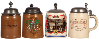 Four Mettlach steins, .5L, 1526, hand-painted, Amerika, pewter lid, pewter strap repaired; with, .5L, 1526, hand-painted, marked Louis Hath Pössneck, pewter lid, mint; with, .5L, 1526, transfer & hand-painted, Stuttgart, metal lid, mint; with, .5L 1526, P
