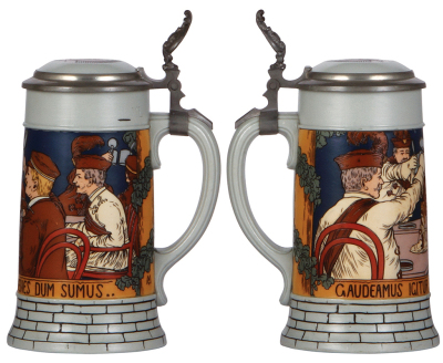 Two Mettlach steins, .5L, 2833E & 2833F, etched, inlaid lids, mint. - 3