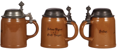 Four Mettlach steins, .5L, 1526, hand-painted, Amerika, pewter lid, pewter strap repaired; with, .5L, 1526, hand-painted, marked Louis Hath Pössneck, pewter lid, mint; with, .5L, 1526, transfer & hand-painted, Stuttgart, metal lid, mint; with, .5L 1526, P - 2