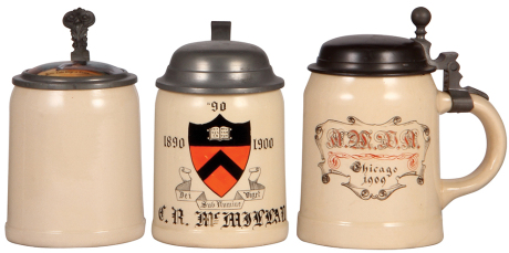 Three Mettlach steins, .4L, 1526, PUG, double porcelain inlaid lid, mint; with, .4L, hand-painted, University 1890 - 1900, pewter lid, good pewter strap repair; with, .5L, 1526, PUG, Chicago 1909, pewter lid, mint.