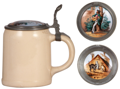 Three Mettlach steins, .4L, 1526, PUG, double porcelain inlaid lid, mint; with, .4L, hand-painted, University 1890 - 1900, pewter lid, good pewter strap repair; with, .5L, 1526, PUG, Chicago 1909, pewter lid, mint. - 2