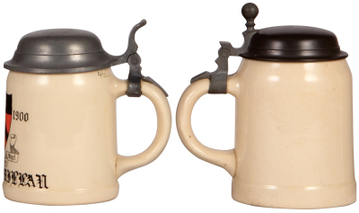 Three Mettlach steins, .4L, 1526, PUG, double porcelain inlaid lid, mint; with, .4L, hand-painted, University 1890 - 1900, pewter lid, good pewter strap repair; with, .5L, 1526, PUG, Chicago 1909, pewter lid, mint. - 3