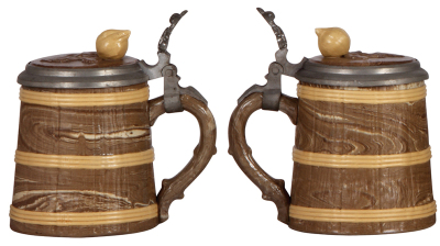 Three Mettlach steins, .5L, 468, Character, Barrel, inlaid lid, mint; with, .5L, 1467, relief, inlaid lid, 4" hairline in rear; with, .3L, 2211, relief, inlaid lid, mint. - 2