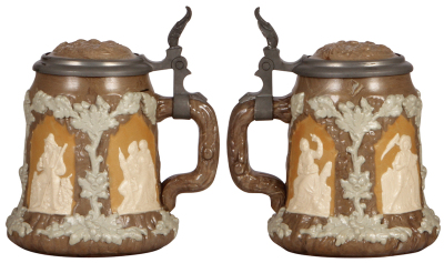 Three Mettlach steins, .5L, 468, Character, Barrel, inlaid lid, mint; with, .5L, 1467, relief, inlaid lid, 4" hairline in rear; with, .3L, 2211, relief, inlaid lid, mint. - 3