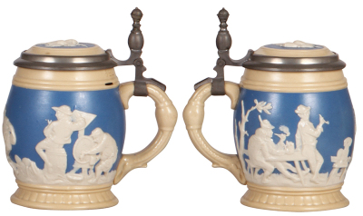 Three Mettlach steins, .5L, 468, Character, Barrel, inlaid lid, mint; with, .5L, 1467, relief, inlaid lid, 4" hairline in rear; with, .3L, 2211, relief, inlaid lid, mint. - 4