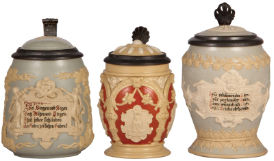Three Mettlach steins, .5L, 1370, relief, inlaid lid, mint; with, .3L, 2077, relief, inlaid lid, mint; with, .5L, 1727, relief, inlaid lid, center hinge ring missing, body mint.