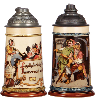 Two Mettlach steins, .5L, 1020[2271], PUG, pewter lid, mint; with, .5L, 1055[2271], PUG, pewter lid, pewter strap repaired and small dents on top of lid.