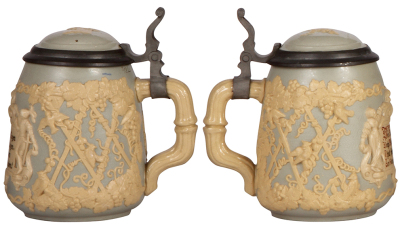 Three Mettlach steins, .5L, 1370, relief, inlaid lid, mint; with, .3L, 2077, relief, inlaid lid, mint; with, .5L, 1727, relief, inlaid lid, center hinge ring missing, body mint. - 2