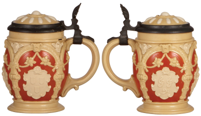 Three Mettlach steins, .5L, 1370, relief, inlaid lid, mint; with, .3L, 2077, relief, inlaid lid, mint; with, .5L, 1727, relief, inlaid lid, center hinge ring missing, body mint. - 3