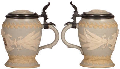 Three Mettlach steins, .5L, 1370, relief, inlaid lid, mint; with, .3L, 2077, relief, inlaid lid, mint; with, .5L, 1727, relief, inlaid lid, center hinge ring missing, body mint. - 4