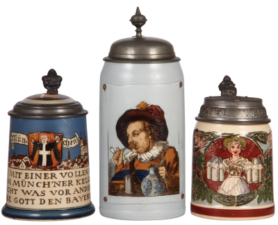 Three Mettlach steins, .5L, 2002, etched, inlaid lid, .5" hairline in rear; with, 1.0L, 1641, etched, tapestry, by C. Warth, pewter lid, mint; with, .5L, 1101 [1526], PUG, relief pewter lid, mint.