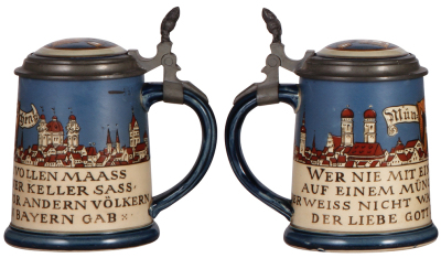 Three Mettlach steins, .5L, 2002, etched, inlaid lid, .5" hairline in rear; with, 1.0L, 1641, etched, tapestry, by C. Warth, pewter lid, mint; with, .5L, 1101 [1526], PUG, relief pewter lid, mint. - 2