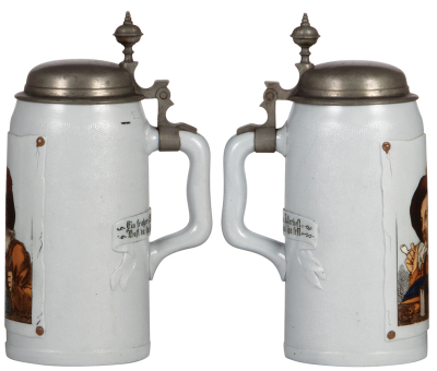 Three Mettlach steins, .5L, 2002, etched, inlaid lid, .5" hairline in rear; with, 1.0L, 1641, etched, tapestry, by C. Warth, pewter lid, mint; with, .5L, 1101 [1526], PUG, relief pewter lid, mint. - 3