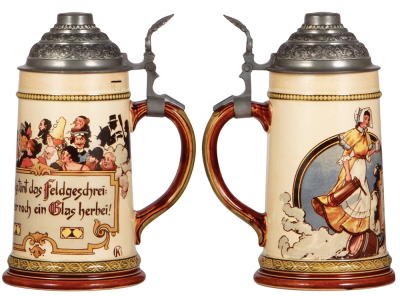 Two Mettlach steins, .5L, 1020[2271], PUG, pewter lid, mint; with, .5L, 1055[2271], PUG, pewter lid, pewter strap repaired and small dents on top of lid. - 2