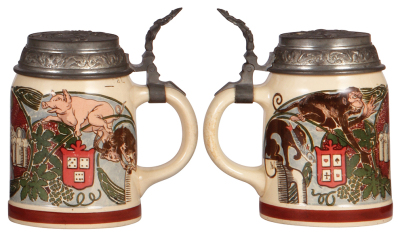 Three Mettlach steins, .5L, 2002, etched, inlaid lid, .5" hairline in rear; with, 1.0L, 1641, etched, tapestry, by C. Warth, pewter lid, mint; with, .5L, 1101 [1526], PUG, relief pewter lid, mint. - 4