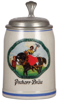 Stoneware stein, .5L, transfer & hand-painted, marked Wick-Werke, Pschorr Bräu, pewter lid, mint.