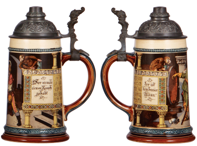 Two Mettlach steins, .5L, 1020[2271], PUG, pewter lid, mint; with, .5L, 1055[2271], PUG, pewter lid, pewter strap repaired and small dents on top of lid. - 3