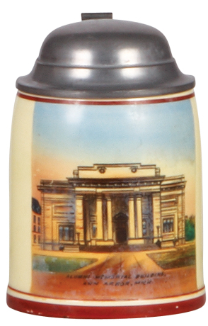 Pottery stein, .25L, transfer, marked Made in Germany, Alumni Memorial Building, Ann Arbor, Mich., pewter lid, mint.