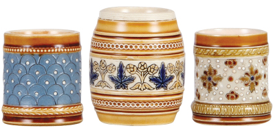 Three Mettlach items, match strike, 2.0'' ht., 1451, mosaic, interior browning; with, mustard, 2.6'' ht., 1273, mosaic, no lid; with, match strike, 2.0'' ht., 1461, mosaic, mint.