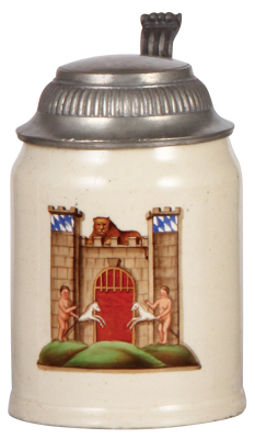 Stoneware stein, .5L, hand-painted, marked Amberg, Bavarian Gate, pewter lid, pewter strap repaired, shallow chip on underside.