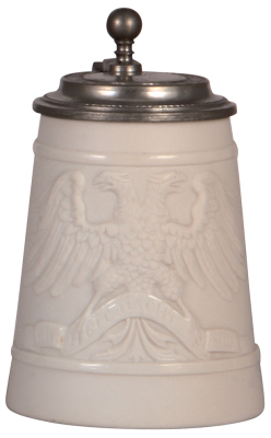 Porcelain stein, .5L, relief, double-headed eagle, Einigkeit macht stark, pewter lid, mint.