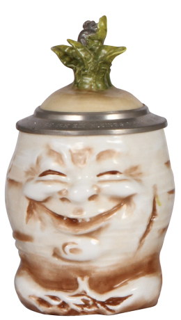 Character stein, .5L, porcelain, marked Musterschutz, by Schierholz, Happy Radish, excellent repair of a glaze flake.
