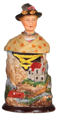 Character stein, .5L, porcelain, marked Jos. M. Mayer, München, Tyrolean Woman, lid repaired and glaze flakes.
