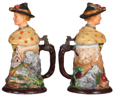 Character stein, .5L, porcelain, marked Jos. M. Mayer, München, Tyrolean Woman, lid repaired and glaze flakes. - 2