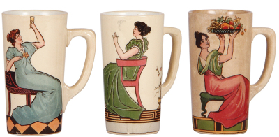 Three Mettlach beakers, .25L, 1213, 1214, 1215[2327], PUG, with handles, third has glaze browning, otherwise all mint.