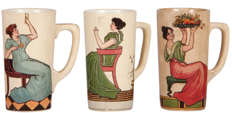 Three Mettlach beakers, .25L, 1213, 1214, 1215[2327], PUG, with handles, third has glaze browning, otherwise all mint.