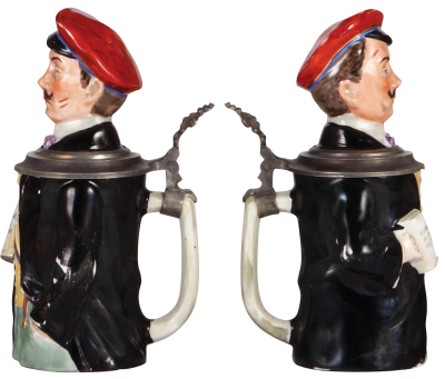 Character stein, .5L, porcelain, hash mark, c.1950s, Heidelberg Student, some color wear to black, small pewter repair to rim. - 2