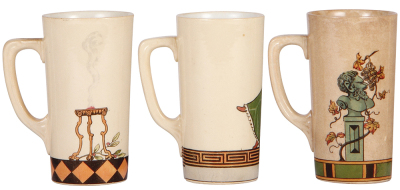 Three Mettlach beakers, .25L, 1213, 1214, 1215[2327], PUG, with handles, third has glaze browning, otherwise all mint. - 2