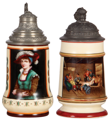 Two porcelain steins, .5L, transfer & hand-painted, woman, lithophane, pewter lid, mint; with, .5L, people lithophane, pewter lid, center hinge ring missing, otherwise mint. 
