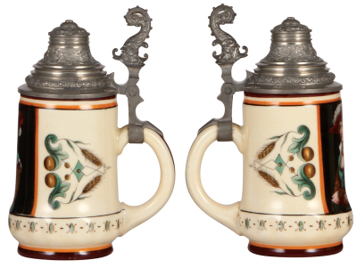 Two porcelain steins, .5L, transfer & hand-painted, woman, lithophane, pewter lid, mint; with, .5L, people lithophane, pewter lid, center hinge ring missing, otherwise mint.  - 2