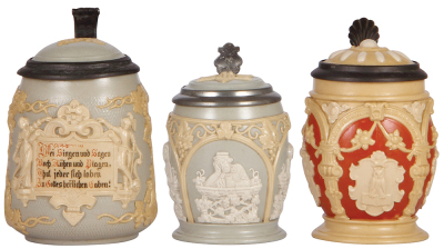 Three Mettlach steins, .5L, 1370, .25L, 1266, .3L, 2077, relief, inlaid lids, all are mint.