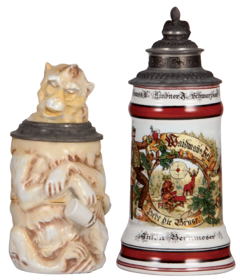 Two steins, Character, .5L, porcelain, marked R.P.M. c.1960, Monkey, mint; with, .5L, porcelain, transfer, c.1990, Waidmanns Heil!, mint. 