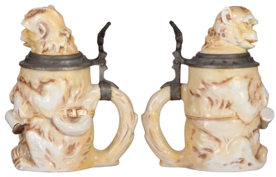 Two steins, Character, .5L, porcelain, marked R.P.M. c.1960, Monkey, mint; with, .5L, porcelain, transfer, c.1990, Waidmanns Heil!, mint.  - 2