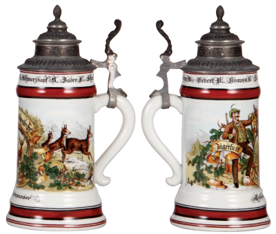 Two steins, Character, .5L, porcelain, marked R.P.M. c.1960, Monkey, mint; with, .5L, porcelain, transfer, c.1990, Waidmanns Heil!, mint.  - 3